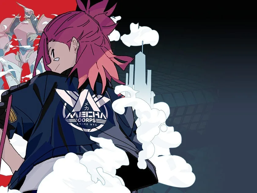Anime NYC 2026 key art: an illustrated character in a Mecha Corps jacket looks over her shoulder through clouds, with a giant robot and a skyscraper behind her.