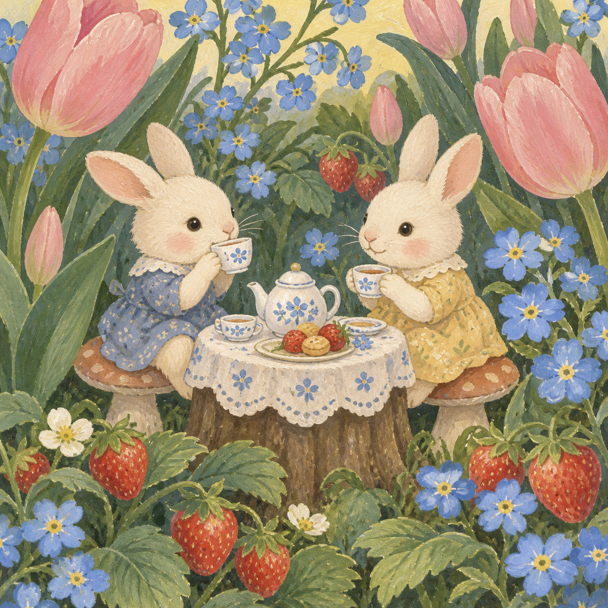 Playful sample illustration of a rabbit at tea